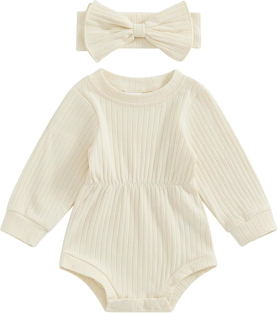 Karwuiio Newborn Baby Girl Fall Outfits Long Sleeve Ribbed Knit Jumpsuit Romper with Headband Inf... | Amazon (US)