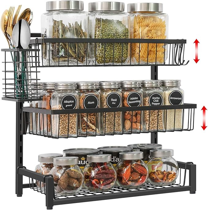 X-cosrack 3 Tier Spice Rack with Cutlery Basket Countertop & Wall Mounted Height Adjustable Seaso... | Amazon (US)