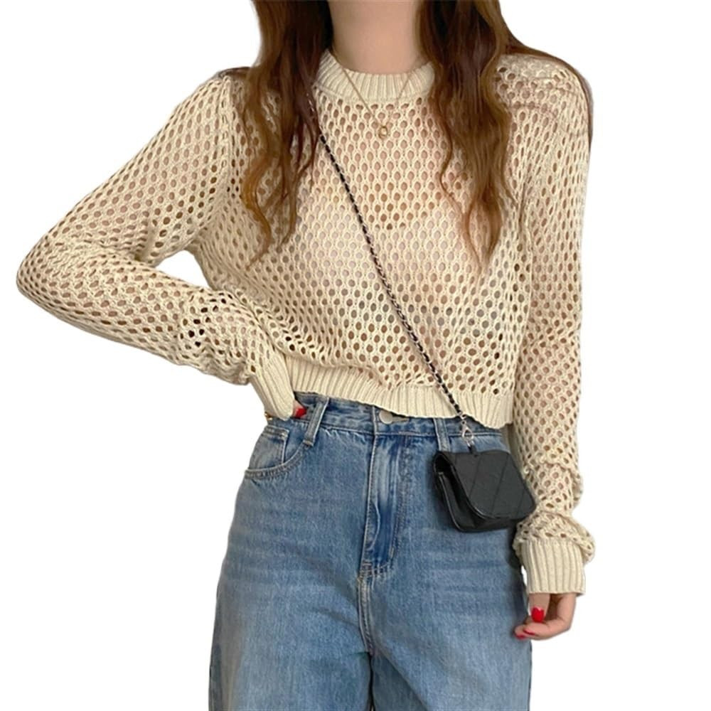 Summer Women Solid Color Round Neck Hollow Out Long Sleeve Casual Loose Knitted Top(Apricot) | Amazon (US)