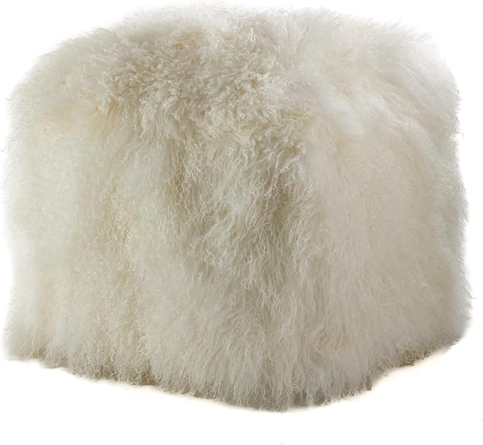 SARO LIFESTYLE Mongolian Lamb Wool Pouf Ottoman – Ivory, 18” x 18” x 16” with Firm Insert... | Amazon (US)
