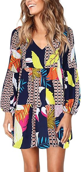 Amoretu Women Summer Tunic Dress V Neck Casual Loose Flowy Swing Shift Dresses | Amazon (US)