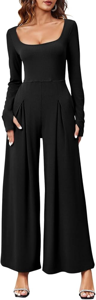 Tongmingyun Women's Dressy Casual Jumpsuits Long Sleeve Wide Leg Loose Square Neck Pleated Long P... | Amazon (US)