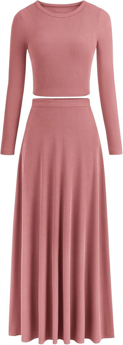 PRETTYGARDEN Women's 2 Piece Outfits Dressy Casual Ribbed Knit Long Sleeve Crop Tops Maxi Flowy S... | Amazon (US)