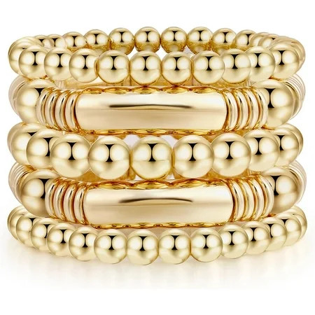 Gold Bangles Bracelet for Women Chunky Curved Stacking Plated Bead Ball Stretchable Bracelets | Walmart (US)