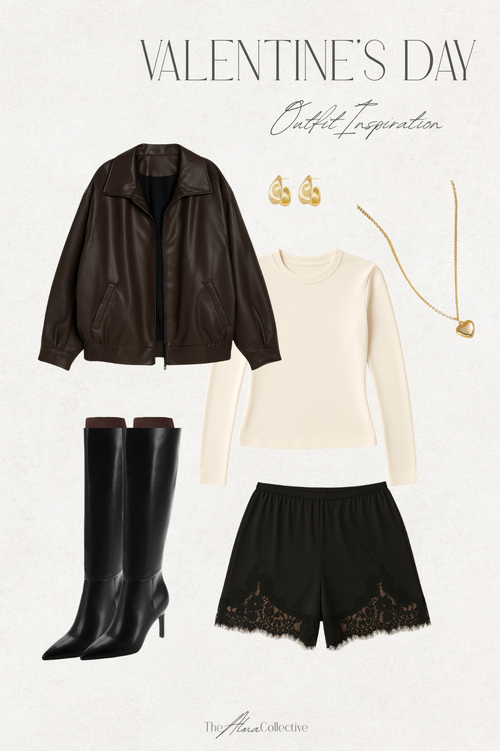 Valentine’s Day outfit inspiration for the minimal girl: leather jacket, lace shorts, tall boots, and soft gold details. 🤎✨ 

 #LTKHoliday #LTKootd #LTKPetite