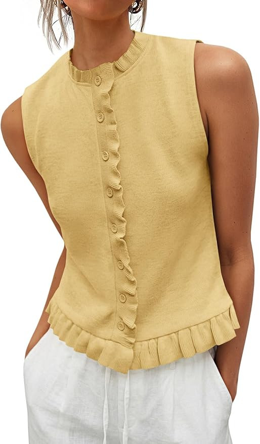 Saodimallsu Womens Sleeveless Sweater Vest Ruffle Button Down Knit Tank Top Summer Trendy Going O... | Amazon (US)