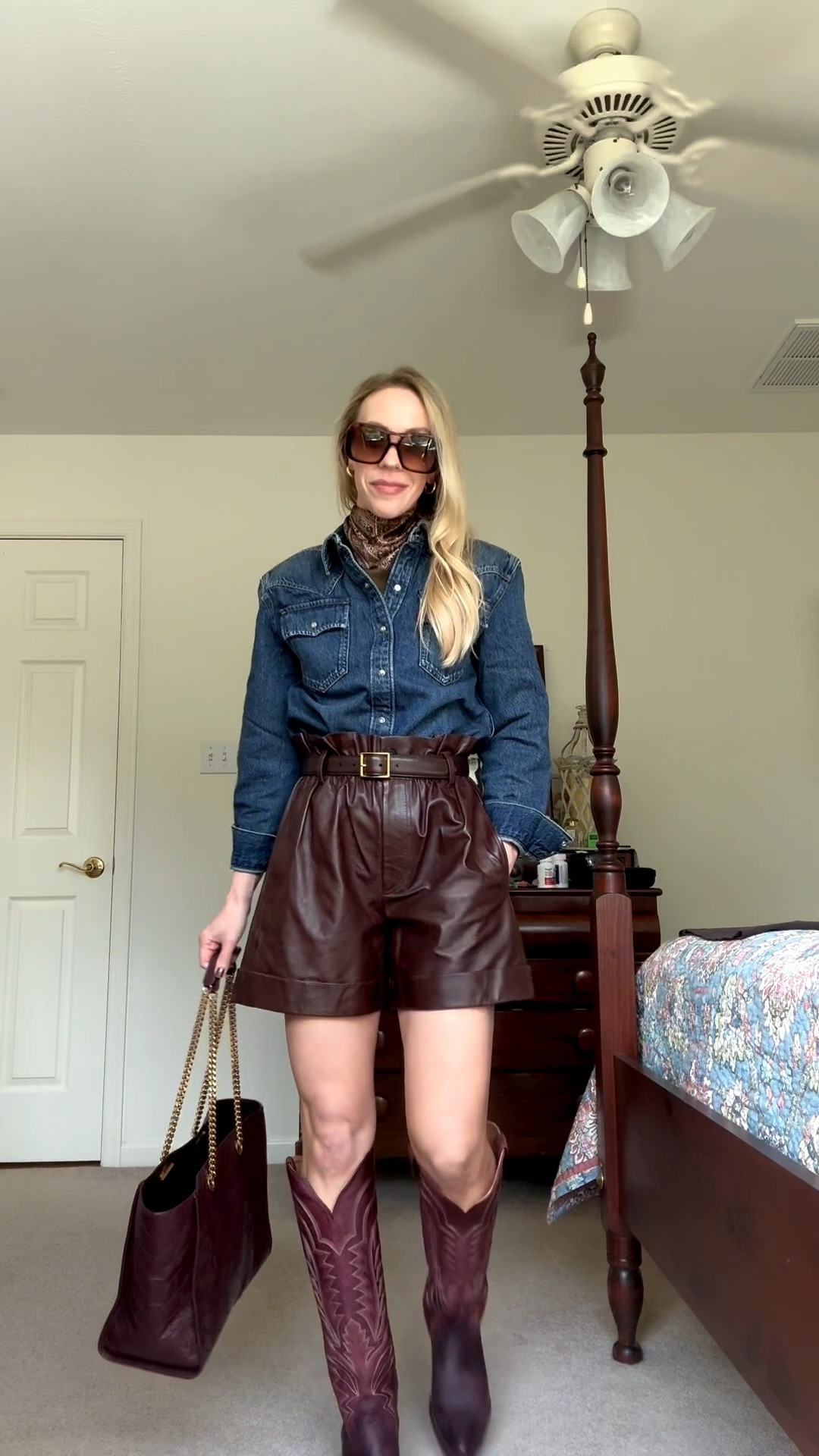 Western fall outfit, denim shirt, leather shorts, @Tecovas burgundy cowboy boots, silk scarf outfit

#LTKootd #LTKOver40 #LTKgrwm