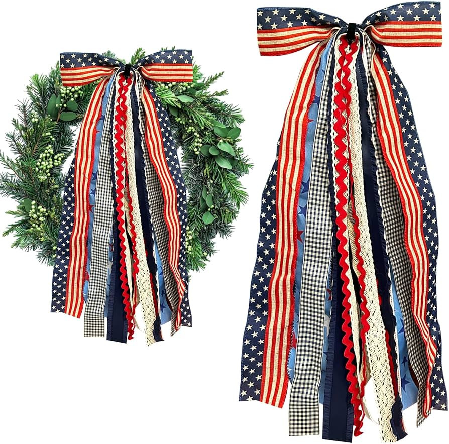 Large Patriotic Star Ribbons Bow for Wreath, Red White Buffalo Plaid Fabric Ribbons Set Assorted ... | Amazon (US)