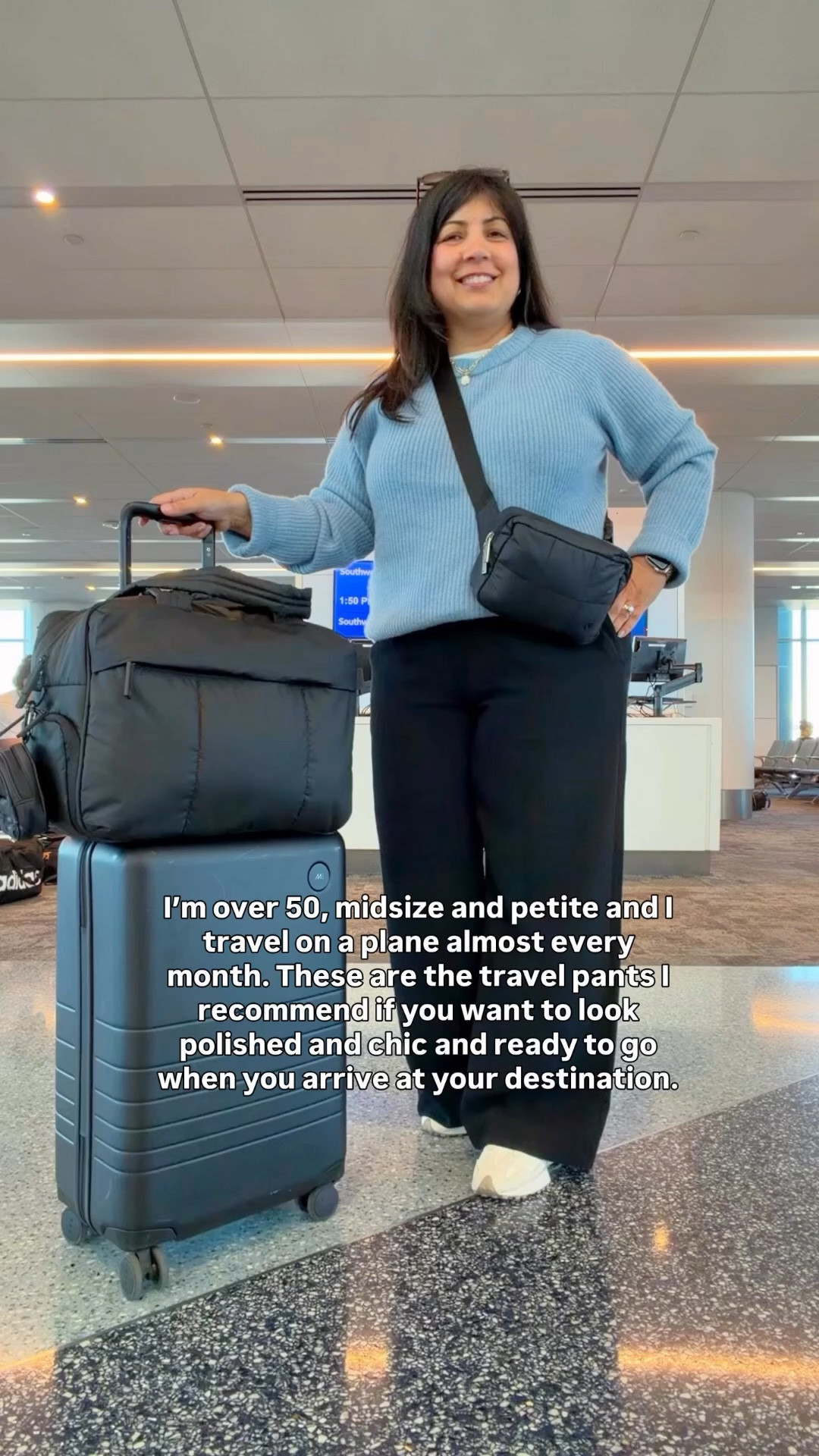 Travel outfit! These viral pants from Aritzia live up to all the hype! Great for travel, workwear, everyday wear and going out! Easy to transition from day to night by just changing your shoes. These pants work with flats, heels, sneakers and boots. They’re super comfortable and don’t wrinkle much so they transition really well from a long flight to walking around your destination. Available in regular, short and tall lengths and lots of colors! Also loving this soft Quince cashmere fisherman’s sweater. Such a great layer while traveling! 

Quince cashmere sweater size large. Aritzia pants size large short. New Balance 327 sneakers. Kendra Scott necklace. Lululemon belt bag. CALPAK Luka Duffel tote bag. Monos carry-on suitcase. 

Airport outfit, winter capsule wardrobe

@Quince @Aritzia @CALPAK @lululemon 

#LTKTravel #LTKMidsize #LTKPetite