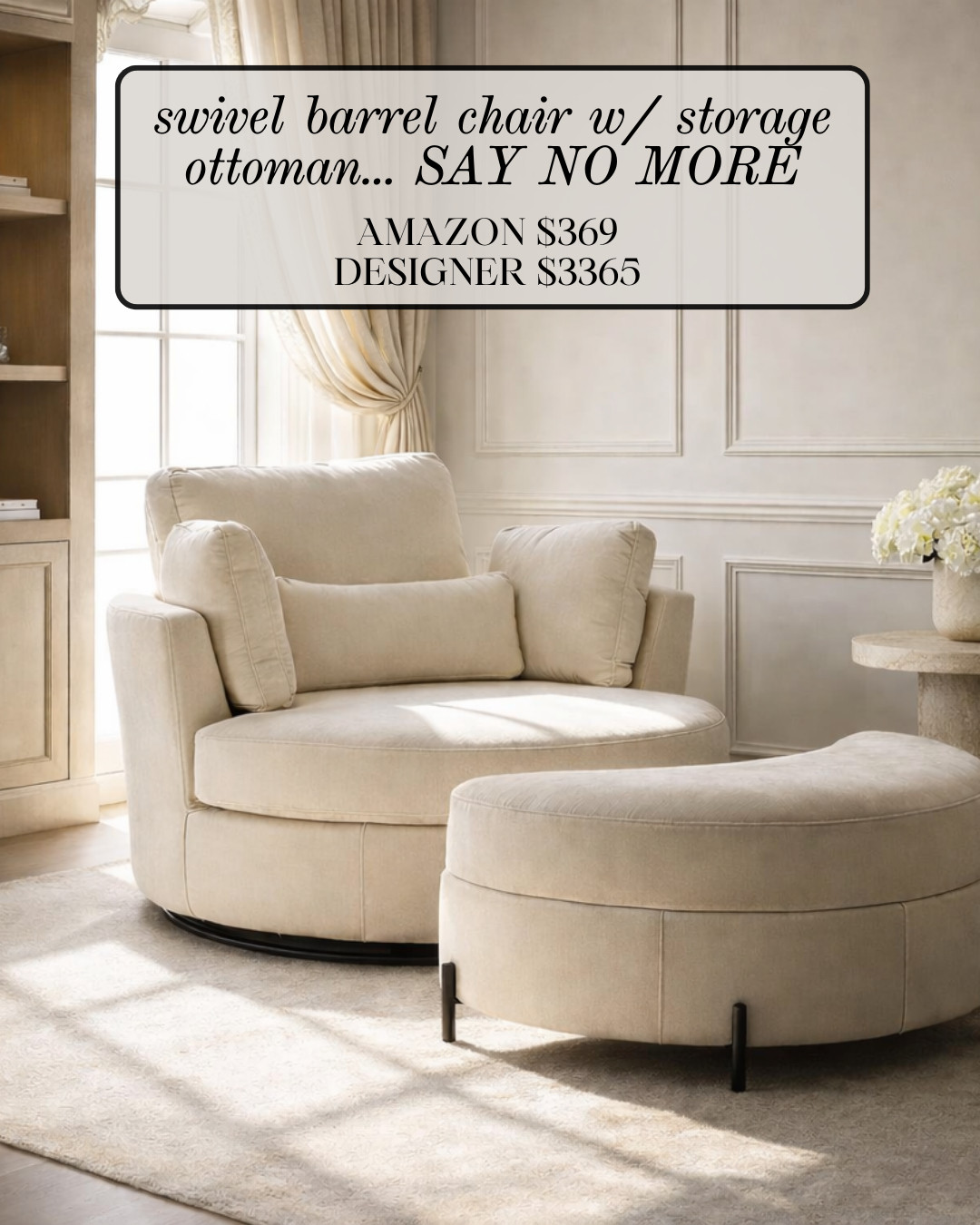 Must Have — SWIVEL BARREL CHAIR WITH STORAGE OTTOMAN! SAY NO MORE. This SWIVEL BARREL CHAIR is giving full DESIGNER ENERGY without the $3,365 price tag. Amazon has it for $369 and it even comes with a STORAGE OTTOMAN. The curved silhouette, plush neutral upholstery, and hidden storage make it both elevated and functional. The perfect cozy statement piece for a living room or bedroom corner.

#Amazon #TheHillaryStyle #AmazonHome #DesignerLookForLess #LuxuryForLess #LivingRoomInspo #NeutralHome #SwivelChair #HomeUpgrade #HighEndStyle 

 #LTKU #LTKOver40 #LTKHome