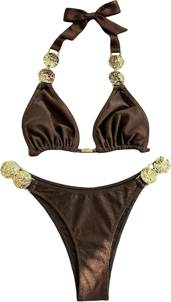 MakeMeChic Women's Triangle Bikini Sets 2 Piece Halter Metal Tie Back High Cut Bathing Swimsuit | Amazon (US)