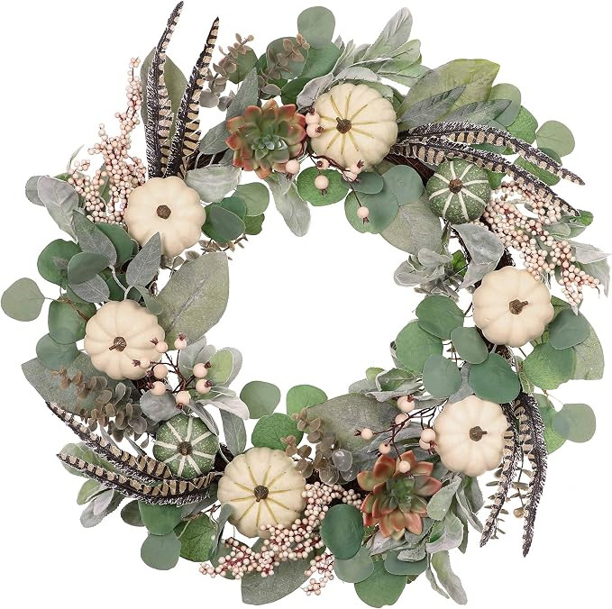 Valery Madelyn 24 inch Fall Pumpkin Wreaths for Front Door, Farmhouse Wreath with Pine Cone, Berr... | Amazon (US)