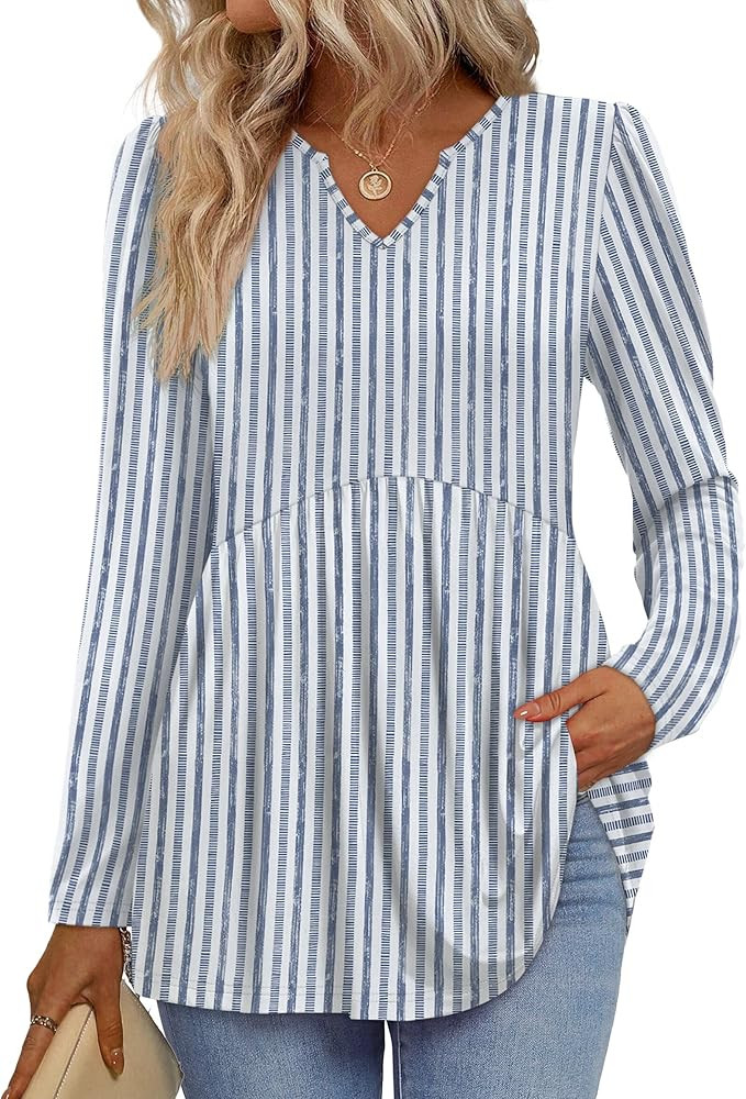 WIHOLL Womens Tops Long Sleeve Fall Shirts Babydoll Peplum Tops for Women V Neck Tunic Dressy Cas... | Amazon (US)