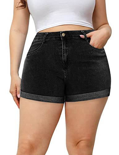 Cuihur Women's Plus Size Summer High Waisted Denim Shorts Folded Hem Casual Jeans Short Black 16 | Amazon (US)