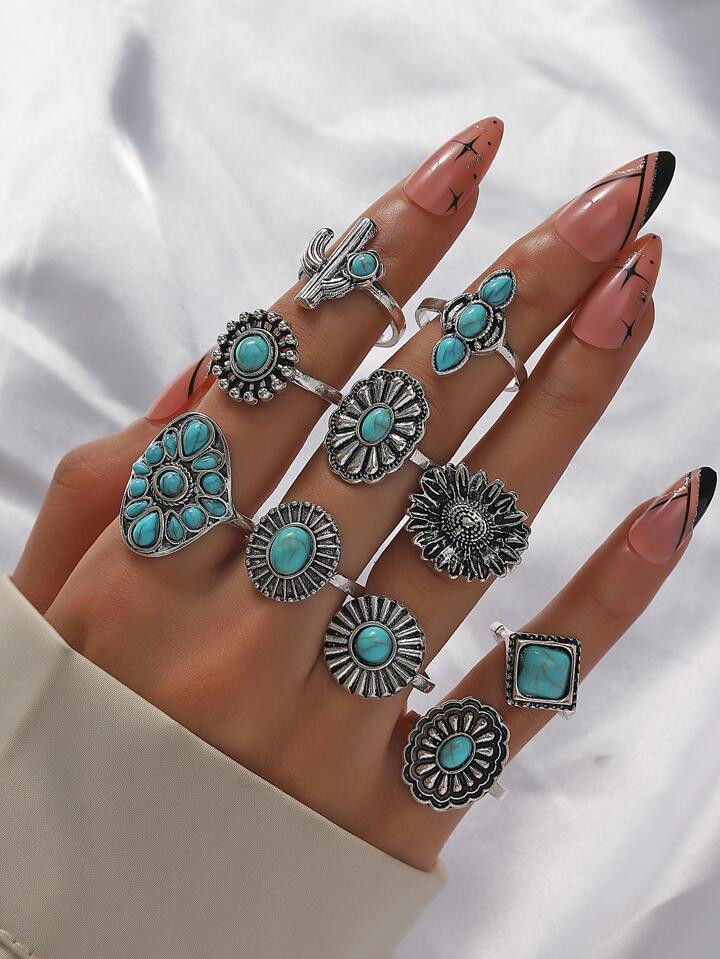 10pcs Vintage & Bohemian turquoise Exaggerated Ring Set Gifts to Girlfriend | SHEIN