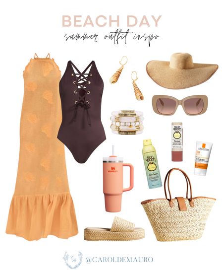 Be summer-ready with this stylish chocolate brown one-piece swimsuit paired with an orange cover-up dress! Don't forget to add these cute and dainty accessories, straw hat, woven tote bag, and more!
#fashionfinds #summerstyle #outfitidea #resortwear

#LTKSwim #LTKSeasonal #LTKItBag