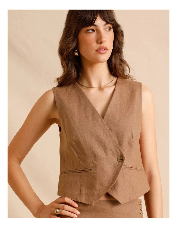 European Linen Asymmetrical Button Vest in Light Brown | Myer