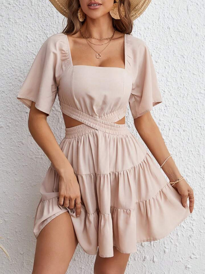 SHEIN VCAY Criss Cross Cut Out Ruffle Hem Dress | SHEIN