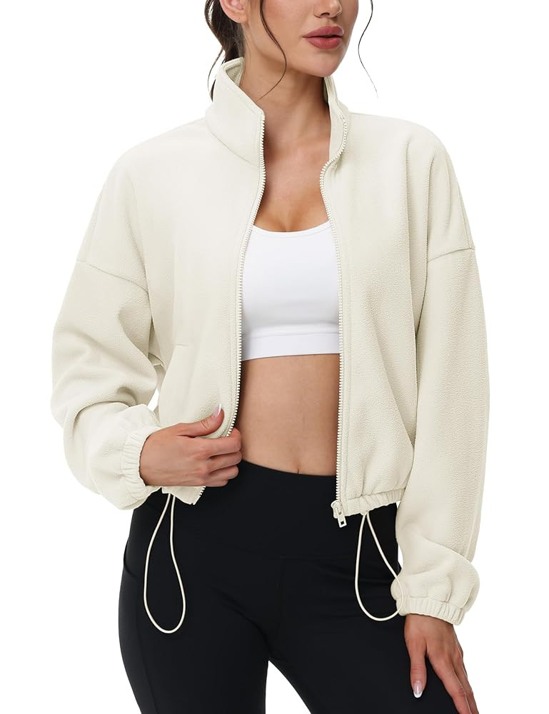 MAGCOMSEN Women's Full Zip Fleece Jacket Cropped Warm Winter Coats with Pockets Stand Collar Work... | Amazon (US)