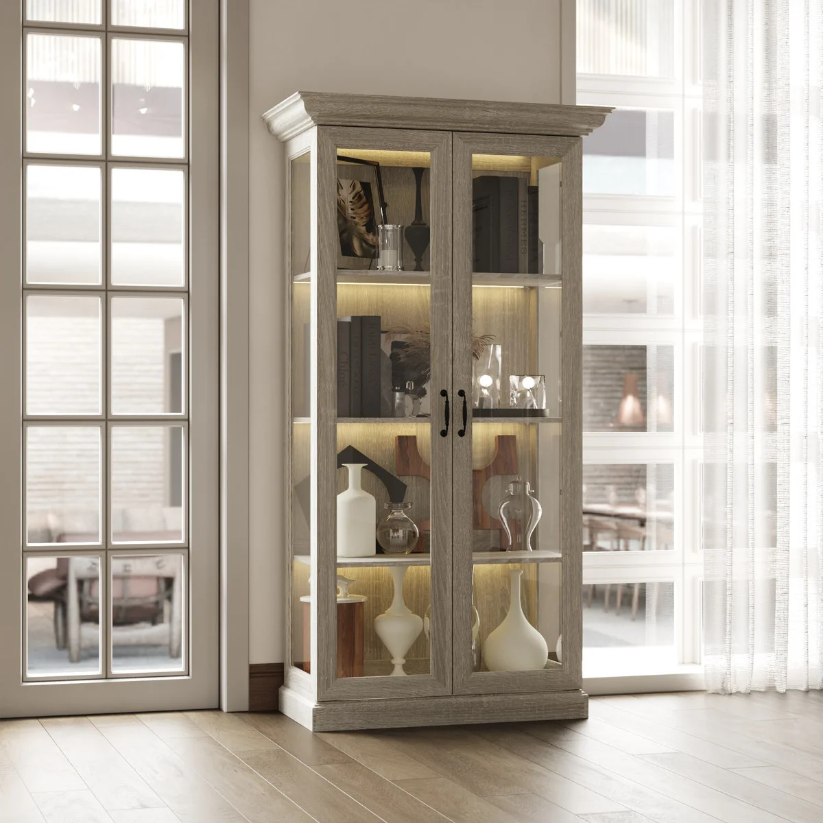 69.3'' H X 32.5'' W 4-Tier Display Bookcase With Glass Door And Light | Wayfair North America
