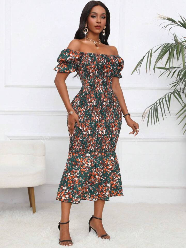 Gothic Sexy Bohemian Holiday Tanning Style Stretch Pleat Waist Print Dress With Slit And Fishtail... | SHEIN