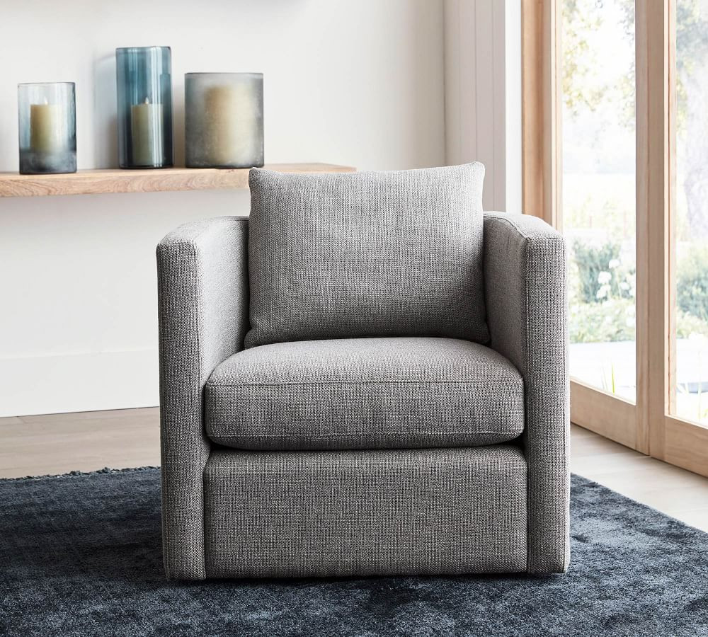 Ayden Barrel Arm Upholstered Swivel Armchair | Pottery Barn (US)