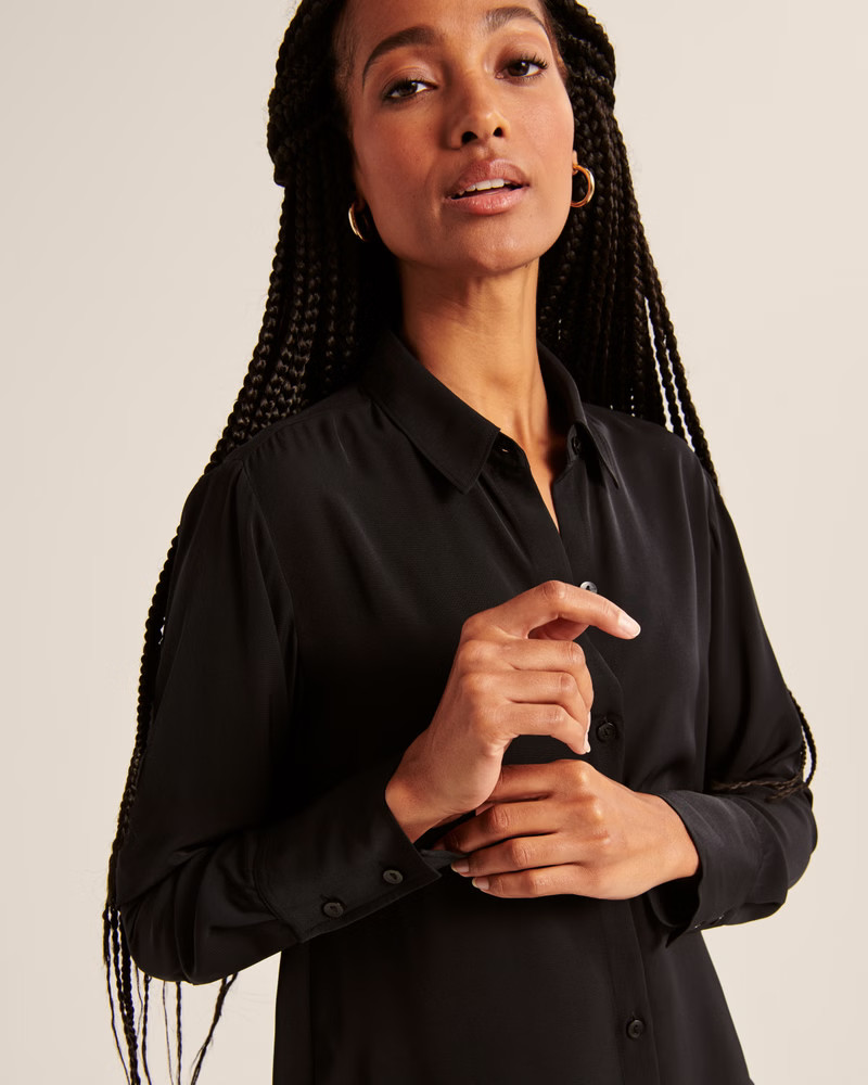 Boyfriend Faux Silk Button-Up Shirt | Abercrombie & Fitch (US)