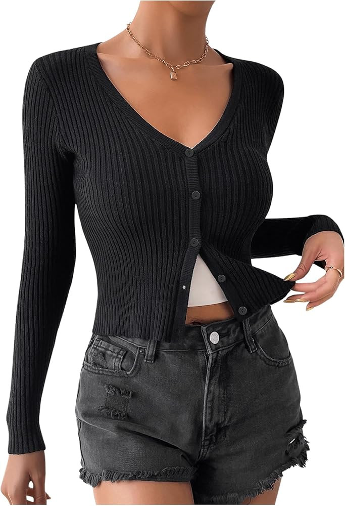 SHENHE Women's Ribbed Knit Button Down V Neck Lightweight Cropped Cardigan Sweater | Amazon (US)