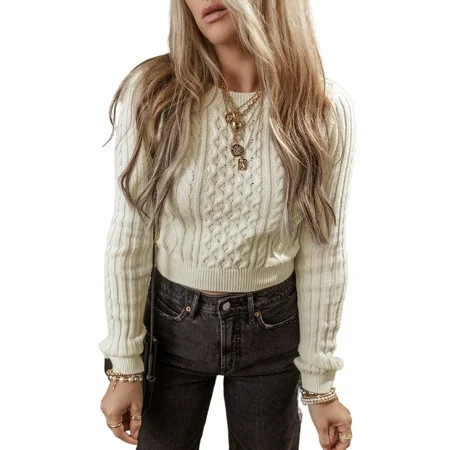 Women's White Cable Knit Cropped Sweater - [ZhiHiMeRi] | (US 12-14)L | Walmart (US)