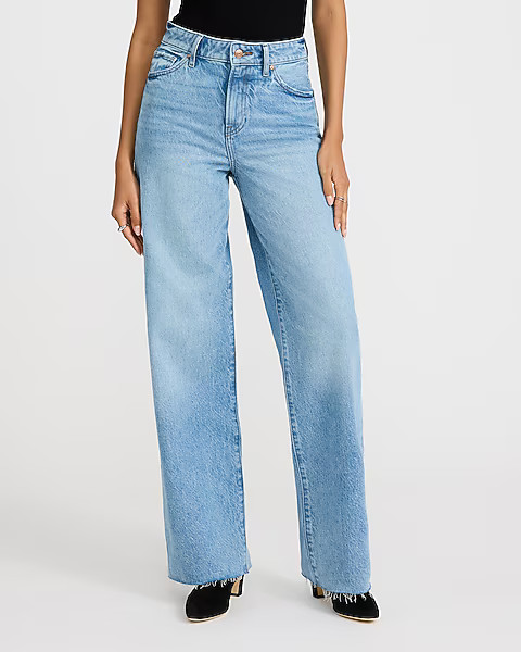 High Waisted Light Wash Raw Hem 50/50 Rigid Stretch Wide Leg Jeans | Express