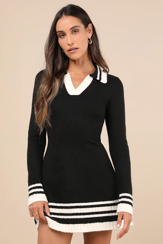 Soft Serenity Black and Ivory Collared Sweater Mini Dress | Lulus