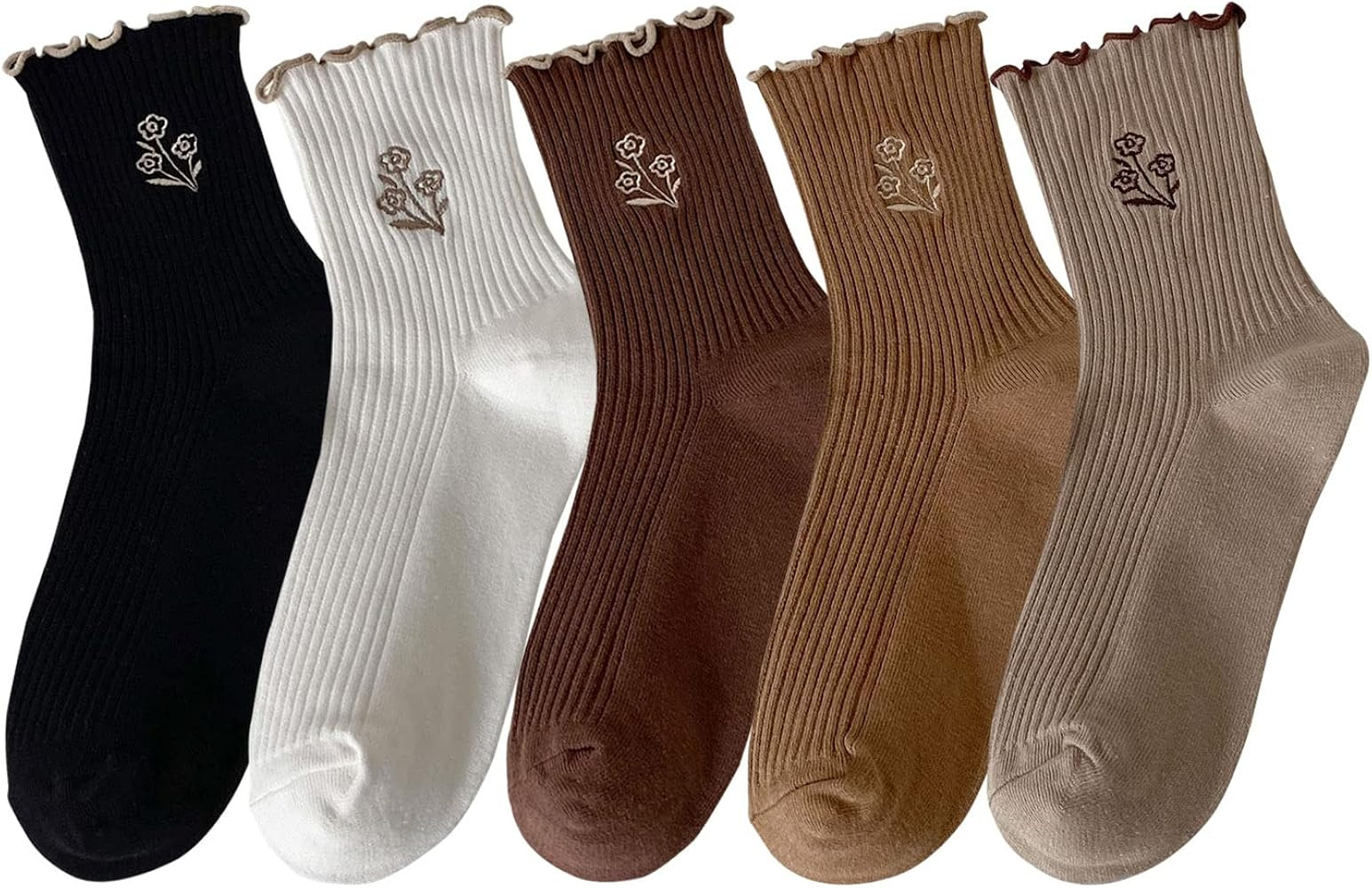 zrylibya Women's Ruffle Frilly Rib Knit Crew Socks Floral Embroidery Scalloped Pointelle Casual A... | Amazon (US)