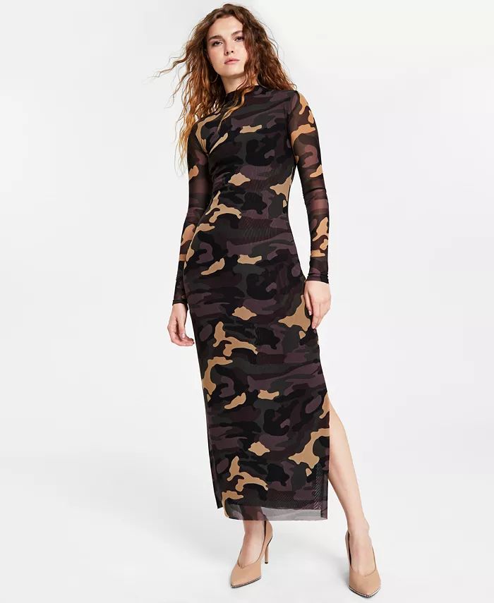 Women's Printed Mock-Neck Mesh Midi Dress, Created for Macy's | Macy's
