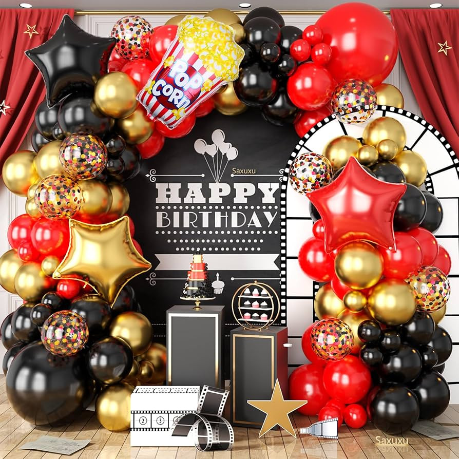 Movie Night Balloon Garland Arch Kit, Red Black Metallic Gold Confetti Balloons with Star Foil Po... | Amazon (US)