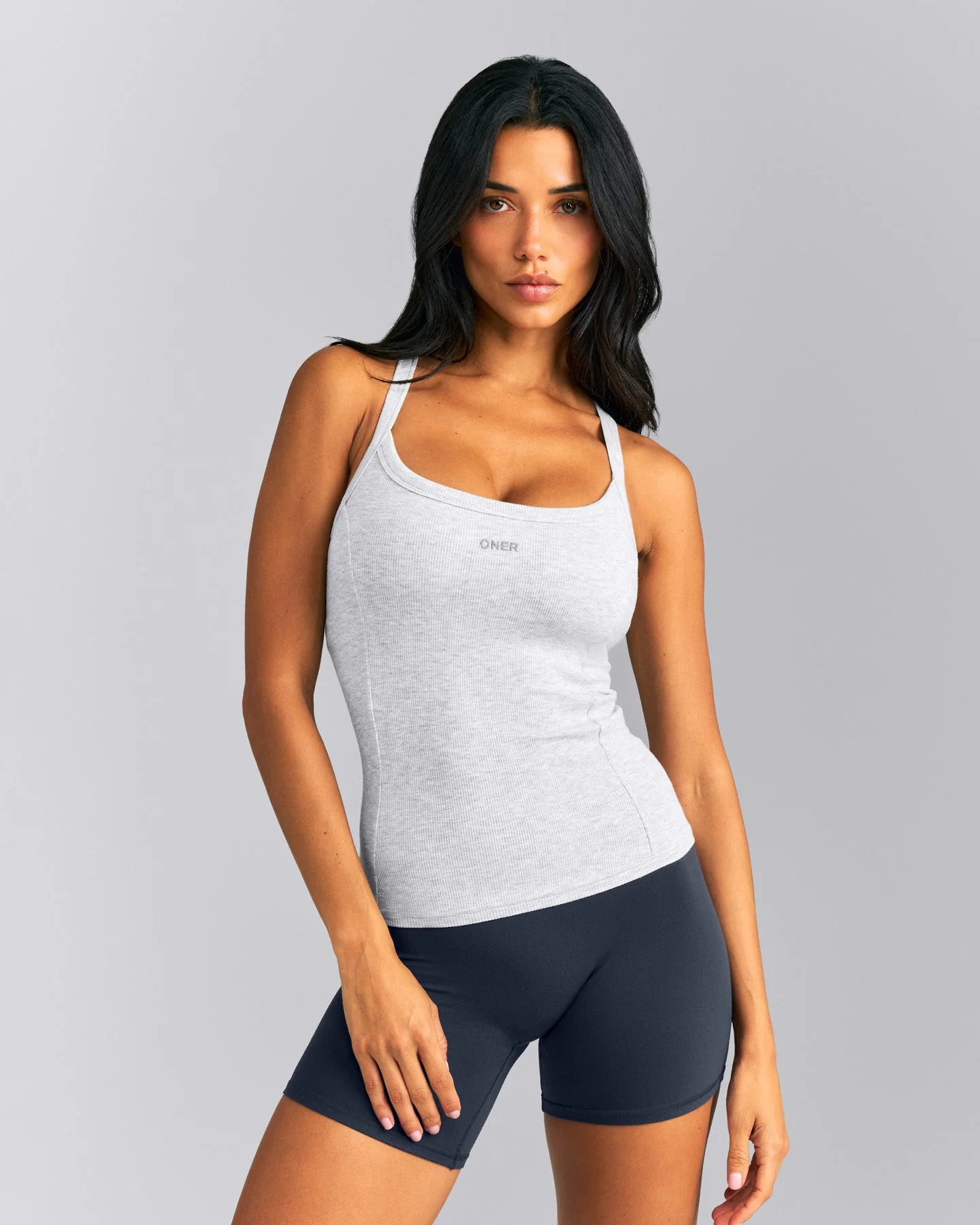 Mellow™ Rib Racer Back Tank Top with Built in Bra Shelf | Light Gray Marl | Oner Active (UK / US)