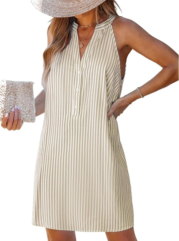 CUPSHE Womens Summer Dresses V Neck Sleeveless Striped Button Up Mini Casual Coverup Dress Beige ... | Amazon (US)