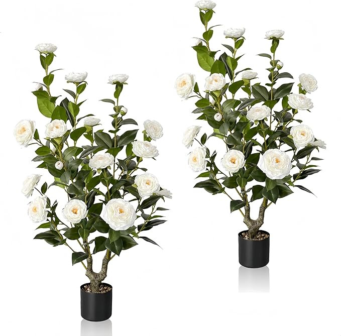 2pcs Artificial Camellia Tree 38 inch, Faux Plants Outdoor Artificial Flowers, White Tree with Pl... | Amazon (US)