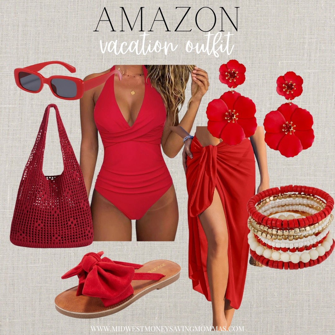 Monochromatic vacation outfit 

Red swimsuit swimsuit coverup sunglasses beach outfit  flower earrings  beach bag  sandals  bracelets 

#LTKgrwm #LTKmomlife #LTKootd