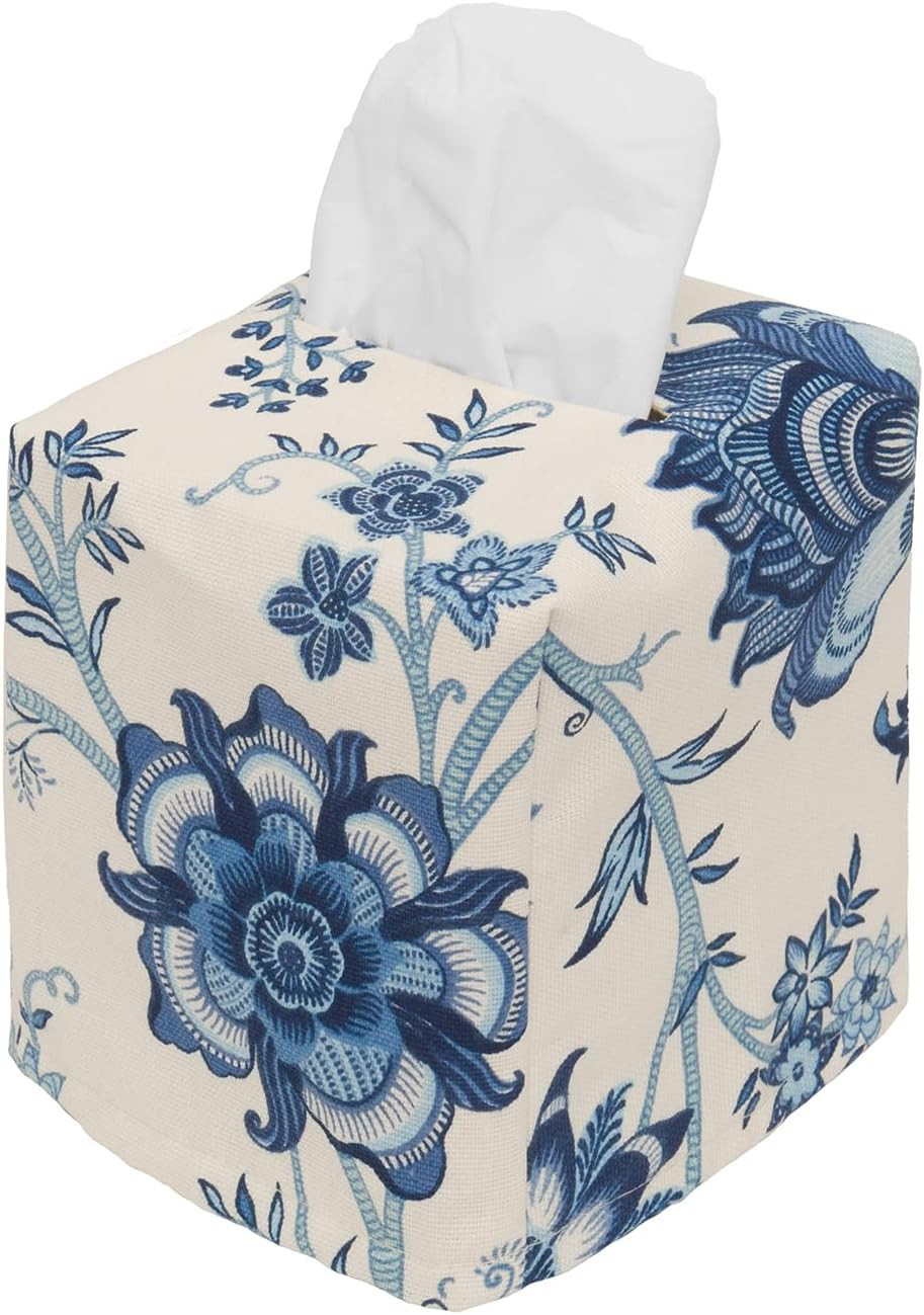 Fabric Tissue Box Cover, Tissue Holder Slipcover, Slips Over Square Cube Cardboard Facial Tissue Boxes -Decorative Cotton Blue Floral Fabric, Made in USA | Amazon (US)
