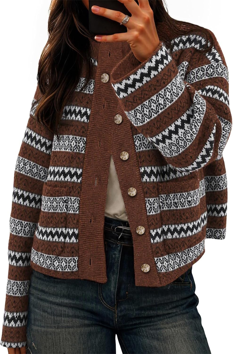 Cicy Bell Womens Fair Isle Cardigan Long Sleeve Mock Neck Fall Knit Sweater | Amazon (US)