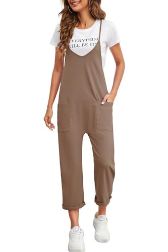 Nirovien Womens Oversized Sleeveless Jumpsuits Loose Spaghetti Strap Baggy Overalls with Pockets Casual One Piece Rompers(Brown,M) | Amazon (US)