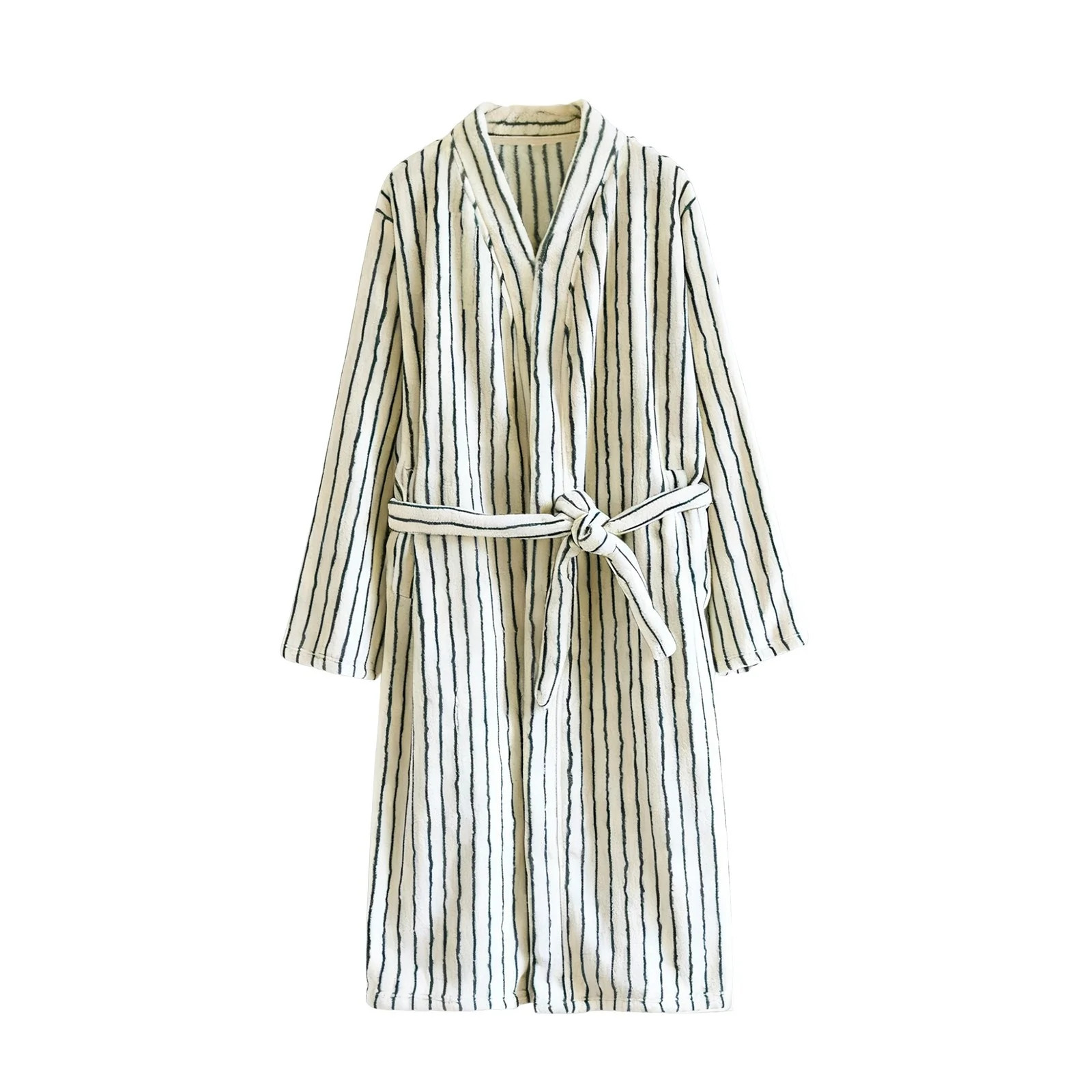 Nfurl Womens Cotton Robes Mid Length Long Sleeve Bathrobes Trendy Striped Robe with Belt Soft Sle... | Walmart (US)