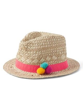 Gap Girls Pom Pom Straw Fedora Size L/XL - Natural | Gap US