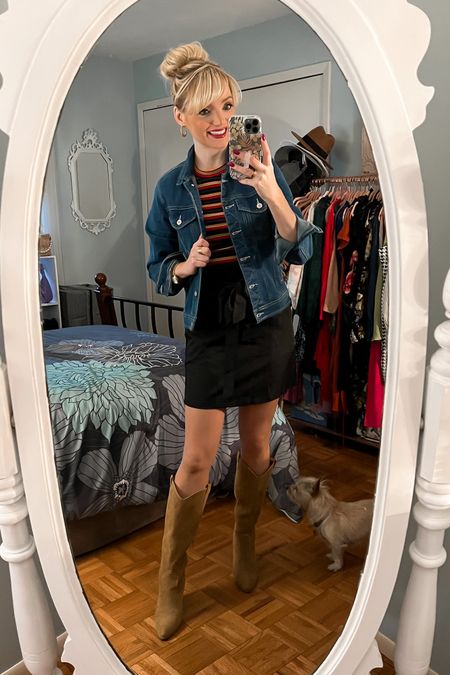 Layering a denim jacket over this striped T-shirt and paperbag waist skirt makes this a perfect fall outfit for the office or school - teacher outfit - teacher style - business casual - work outfit - fall fashion - Amazon Fashion - Amazon Finds 

#LTKunder50 #LTKworkwear #LTKSeasonal