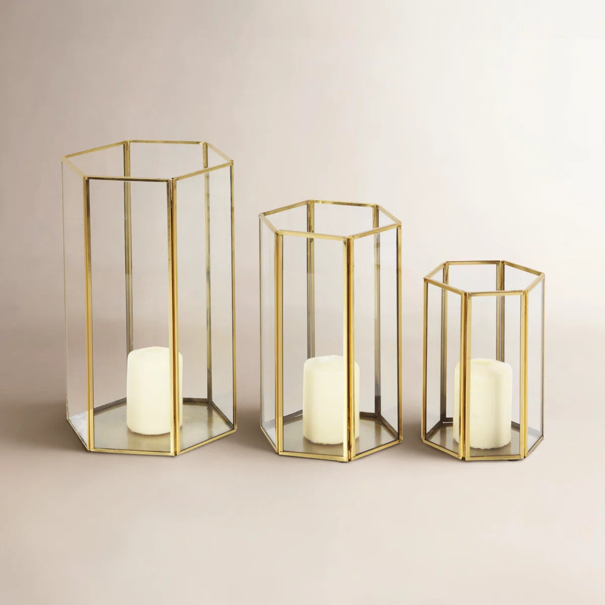 3 Piece Glass and Metal Tabletop Hurricane Holder Candle Lantern Set | Joss & Main