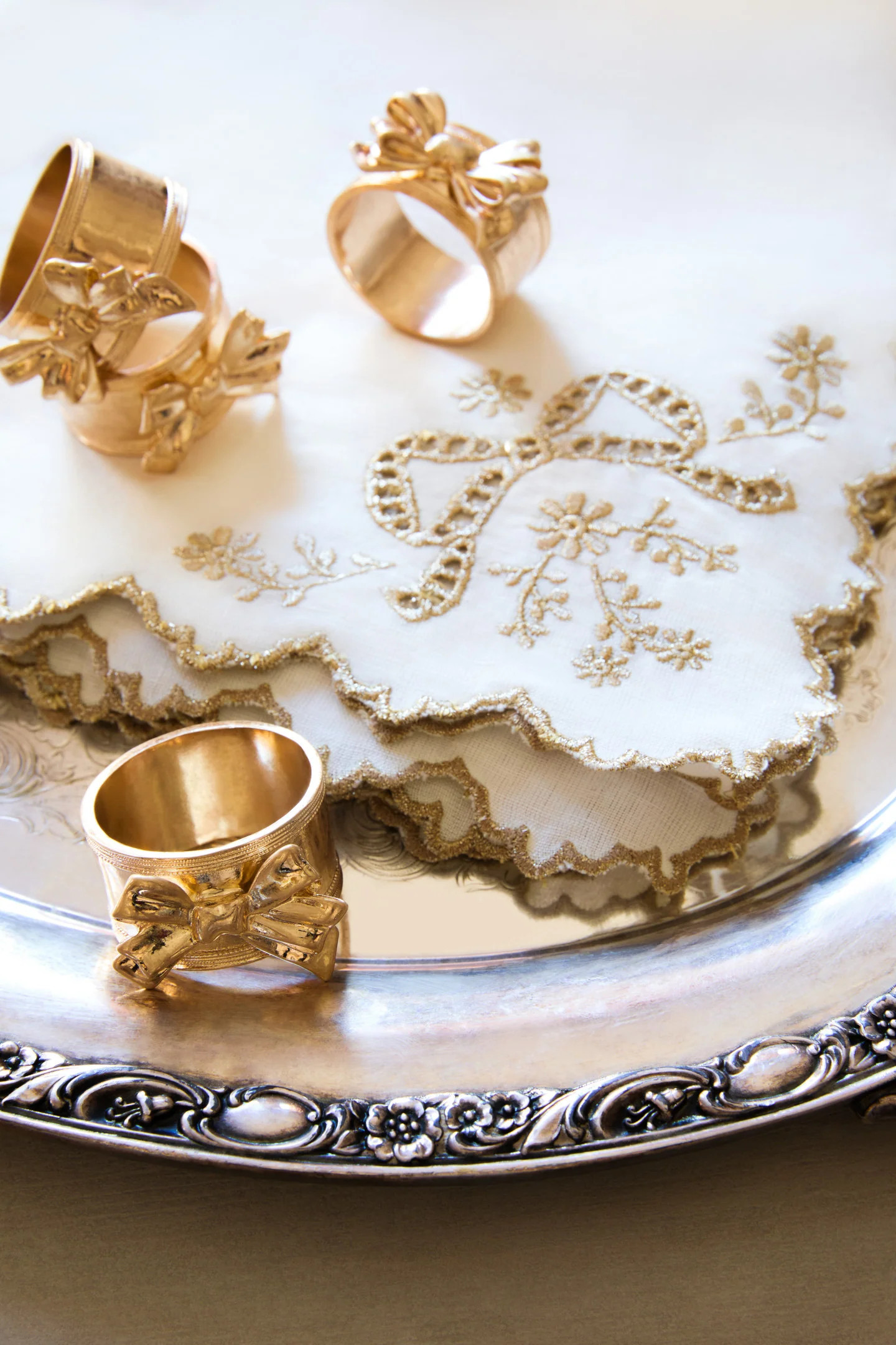 Heirloom Gold Bow Napkin Ring Set - Set Of 4 | LoveShackFancy