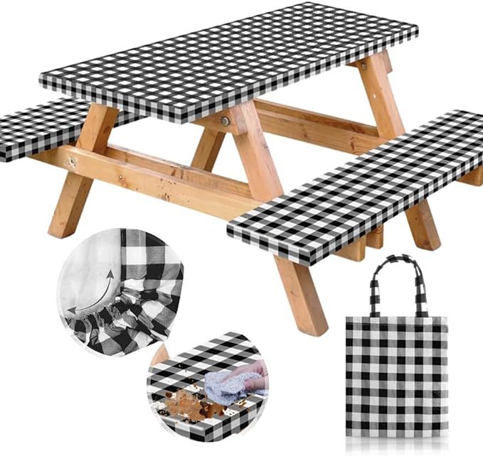 Vinyl Fitted Picnic Table Cover with Bench Covers and Bag, 6ft Outdoor Waterproof Windproof Picni... | Amazon (US)