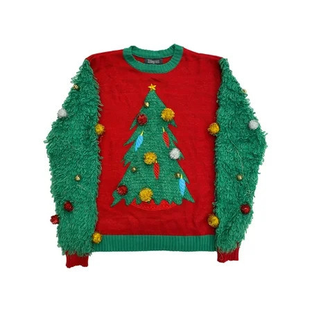 Womens Red & Green Pom Pom Jingle Bell Christmas Tree Holiday Sweater Medium | Walmart (US)