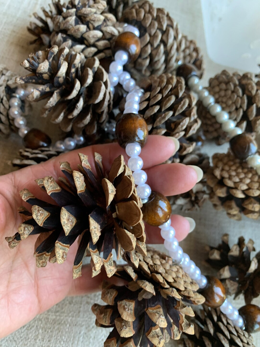 Pinecones Holiday Christmas 6 Foot Rustic Natural Pinecones and Faux Pearl & Wood Beads Garland f... | Etsy (US)