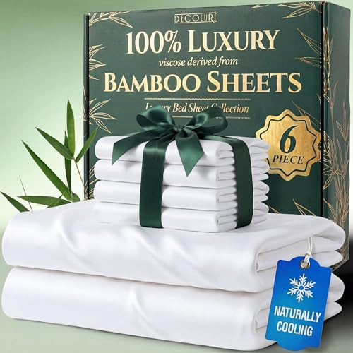 DECOLURE 100% Viscose Derived from Bamboo Sheets Queen Size - Luxury 6 Pc Naturally Cooling Sheets, Ultra Soft Bed Set - Deep 17" Pockets, Durable Double Stitching, Oeko Tex Standard (White) | Amazon (US)